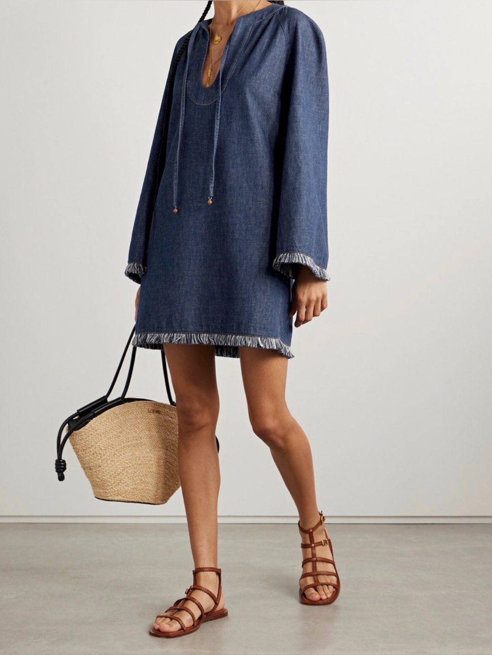 NWT Zimmermann Rhiannon Long Sleeve Fringe Trim Denim Minidress 0P⁠